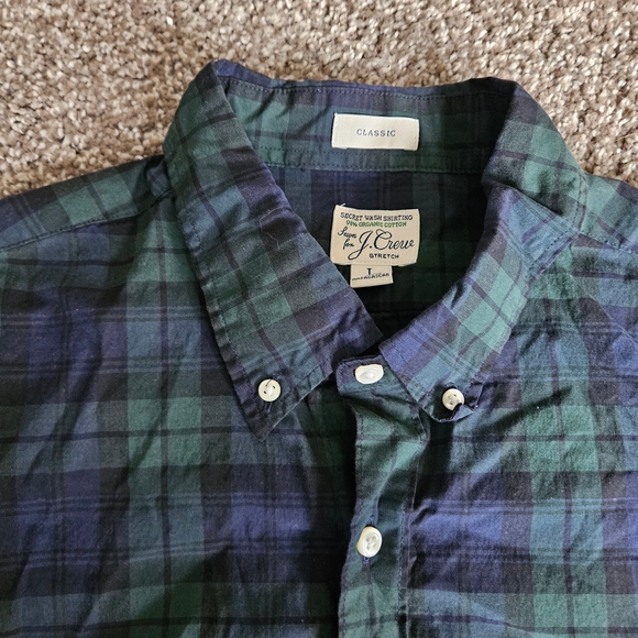 J Crew Shirt Mens Large Green Blue Tartan Plaid Flannel Stretch Fit Button Up - Picture 6 of 14